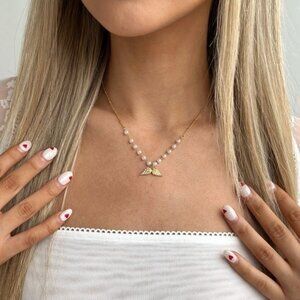 EVRY JEWELS 14K Gold Plated Angel Wing & White Pearl Pendant Necklace